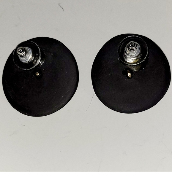 Black Earrings, Ceramic Post with Flint Stone & Sterling Button Center, Handmade - Picture 4 of 4